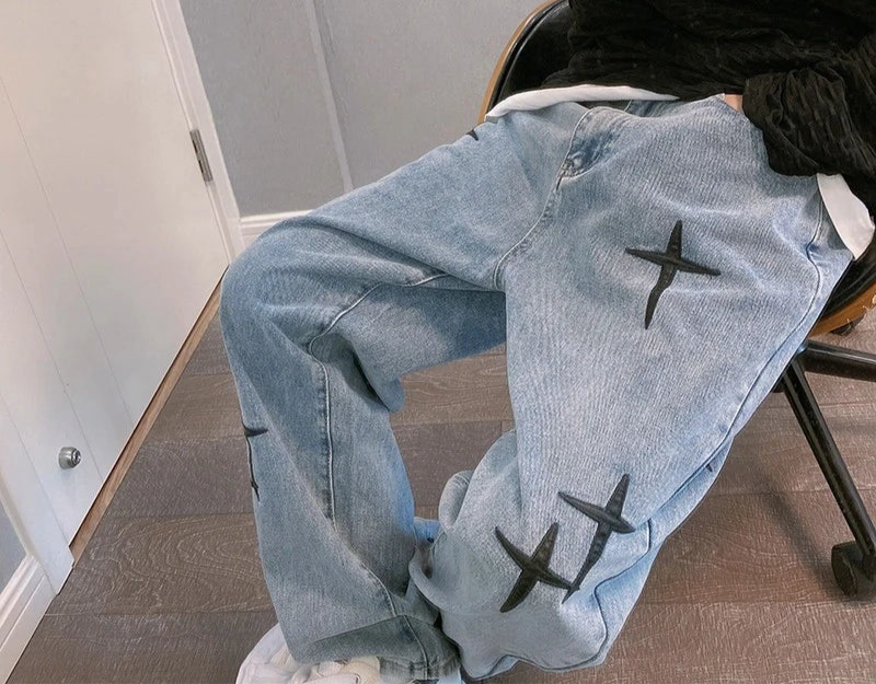Drucke Jeans Männer 2023 Neue Streetwear Baggy Breite Bein Jeans Koreanische Mode Vorhänge Gerade Beiläufige Lose Denim Cargo Hosen