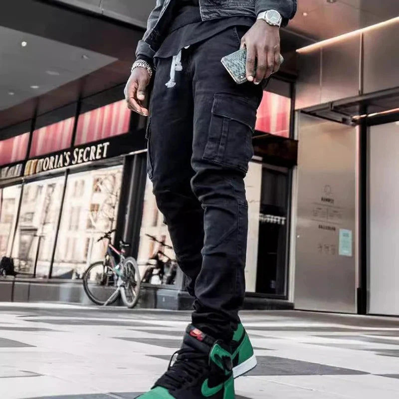 Männer Straße elastische Jeans Jeans waschen einfarbige Multi-Taschen Cargo hose lässig Slim Fit täglich tragen Jogger mittlere Taille Hose