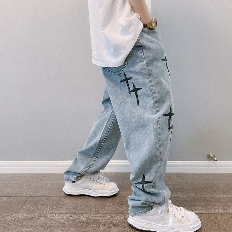 Drucke Jeans Männer 2023 Neue Streetwear Baggy Breite Bein Jeans Koreanische Mode Vorhänge Gerade Beiläufige Lose Denim Cargo Hosen