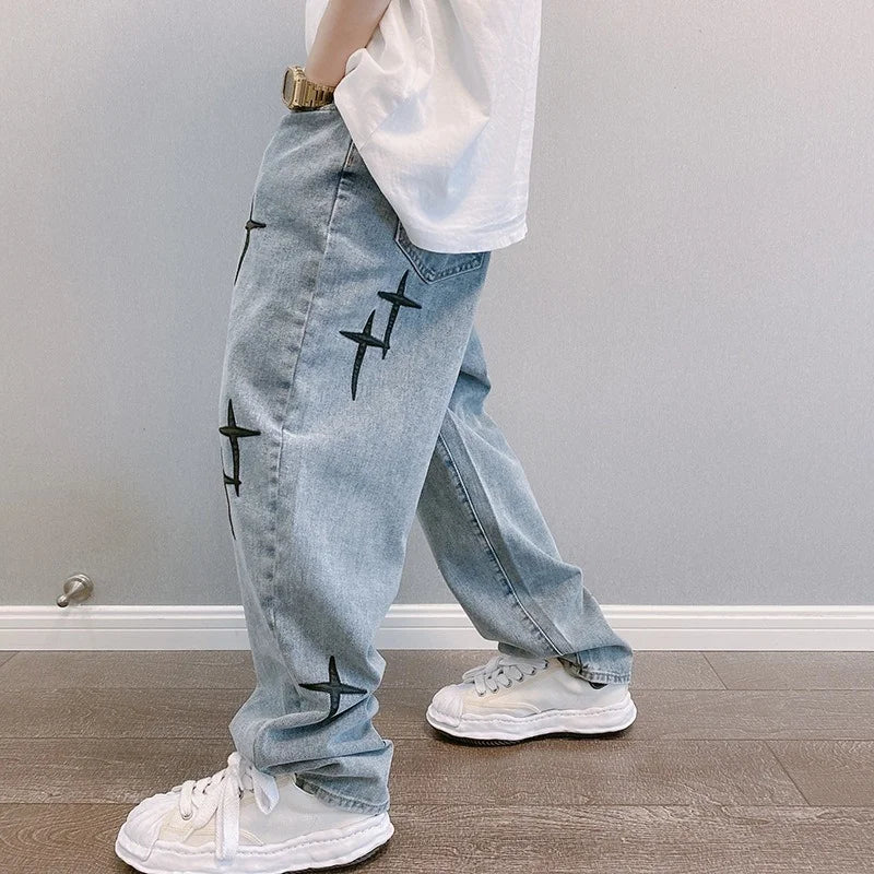 Drucke Jeans Männer 2023 Neue Streetwear Baggy Breite Bein Jeans Koreanische Mode Vorhänge Gerade Beiläufige Lose Denim Cargo Hosen