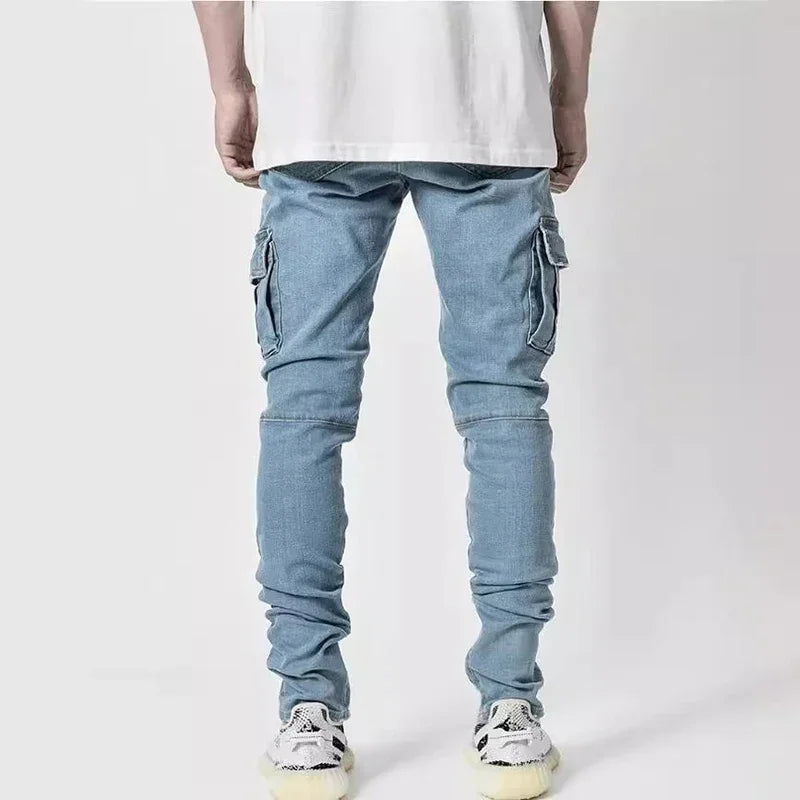 Männer Straße elastische Jeans Jeans waschen einfarbige Multi-Taschen Cargo hose lässig Slim Fit täglich tragen Jogger mittlere Taille Hose