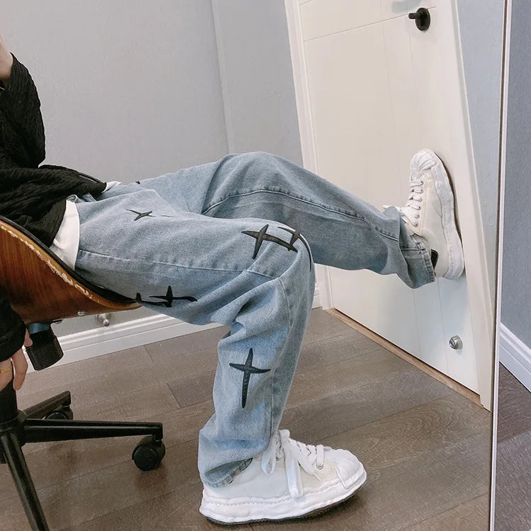 Drucke Jeans Männer 2023 Neue Streetwear Baggy Breite Bein Jeans Koreanische Mode Vorhänge Gerade Beiläufige Lose Denim Cargo Hosen