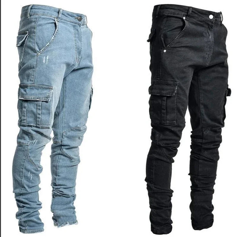 Männer Straße elastische Jeans Jeans waschen einfarbige Multi-Taschen Cargo hose lässig Slim Fit täglich tragen Jogger mittlere Taille Hose