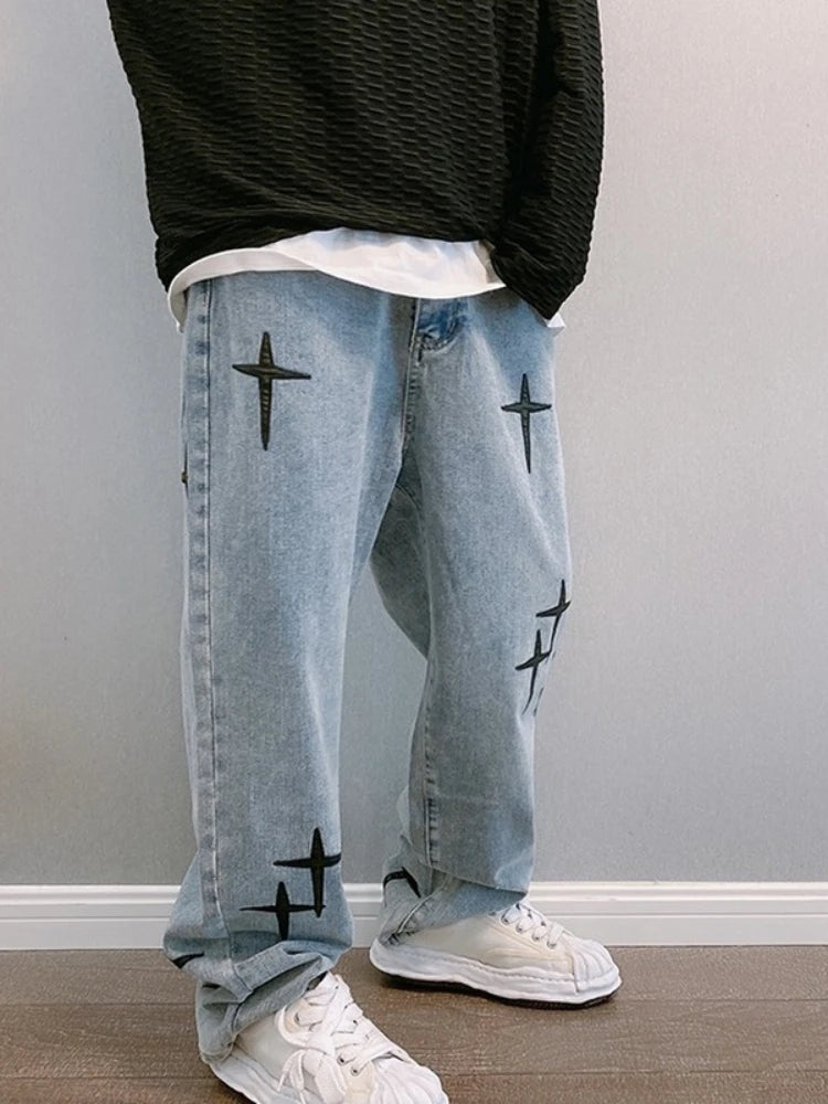 Drucke Jeans Männer 2023 Neue Streetwear Baggy Breite Bein Jeans Koreanische Mode Vorhänge Gerade Beiläufige Lose Denim Cargo Hosen