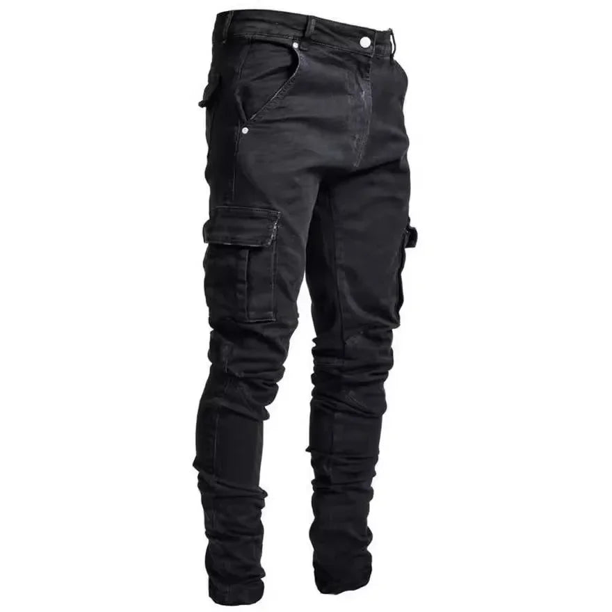 Männer Straße elastische Jeans Jeans waschen einfarbige Multi-Taschen Cargo hose lässig Slim Fit täglich tragen Jogger mittlere Taille Hose