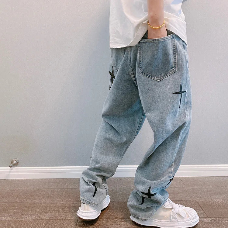 Drucke Jeans Männer 2023 Neue Streetwear Baggy Breite Bein Jeans Koreanische Mode Vorhänge Gerade Beiläufige Lose Denim Cargo Hosen