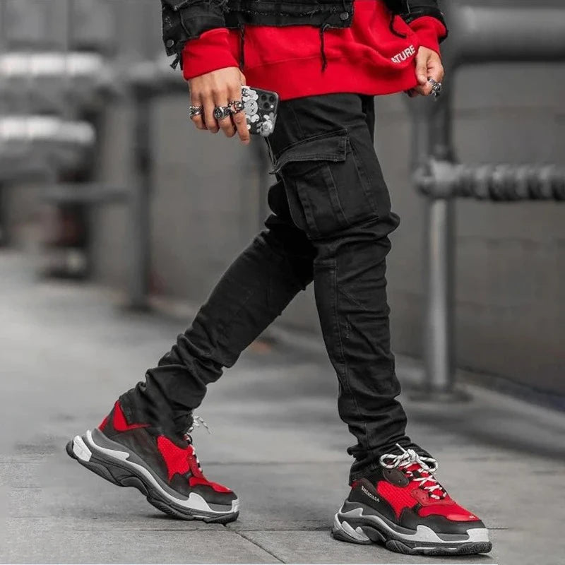 Männer Straße elastische Jeans Jeans waschen einfarbige Multi-Taschen Cargo hose lässig Slim Fit täglich tragen Jogger mittlere Taille Hose