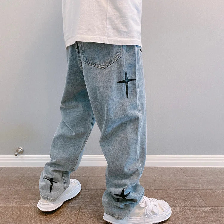 Drucke Jeans Männer 2023 Neue Streetwear Baggy Breite Bein Jeans Koreanische Mode Vorhänge Gerade Beiläufige Lose Denim Cargo Hosen