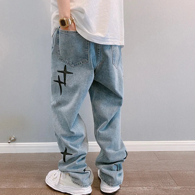 Drucke Jeans Männer 2023 Neue Streetwear Baggy Breite Bein Jeans Koreanische Mode Vorhänge Gerade Beiläufige Lose Denim Cargo Hosen