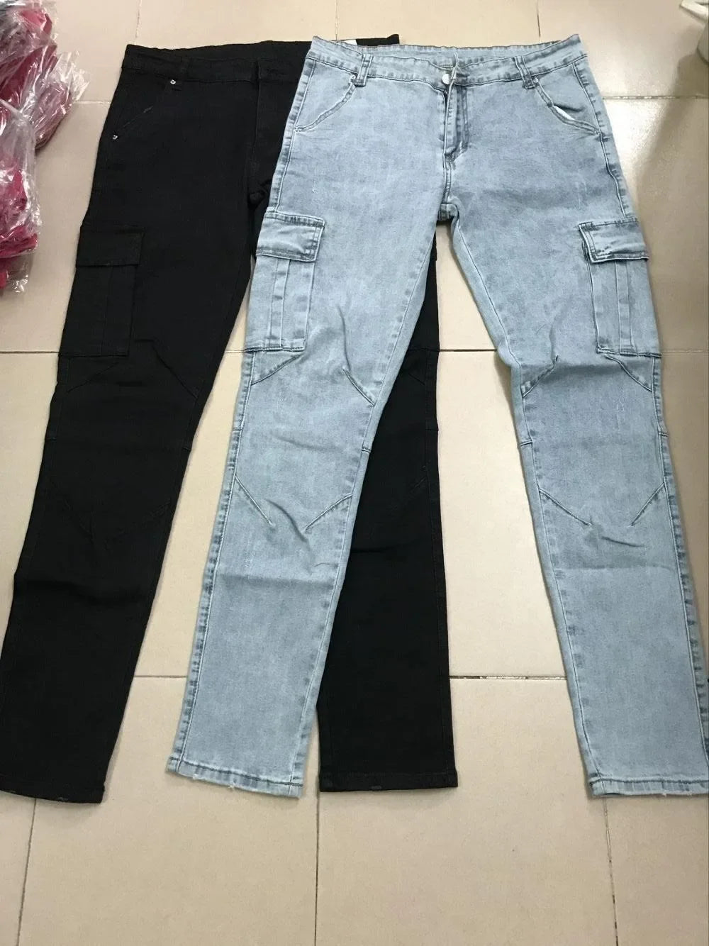 Männer Straße elastische Jeans Jeans waschen einfarbige Multi-Taschen Cargo hose lässig Slim Fit täglich tragen Jogger mittlere Taille Hose