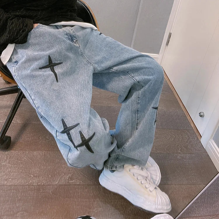 Drucke Jeans Männer 2023 Neue Streetwear Baggy Breite Bein Jeans Koreanische Mode Vorhänge Gerade Beiläufige Lose Denim Cargo Hosen
