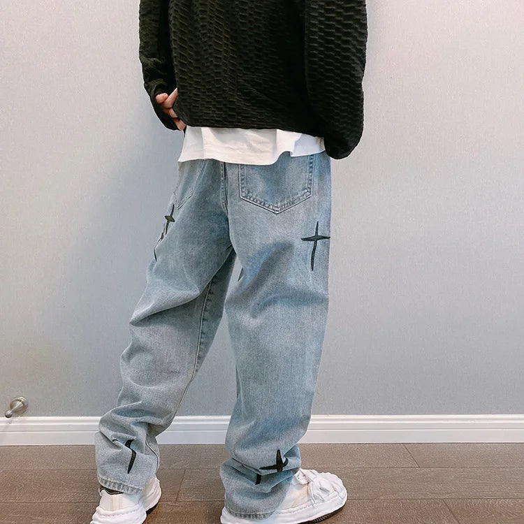 Drucke Jeans Männer 2023 Neue Streetwear Baggy Breite Bein Jeans Koreanische Mode Vorhänge Gerade Beiläufige Lose Denim Cargo Hosen