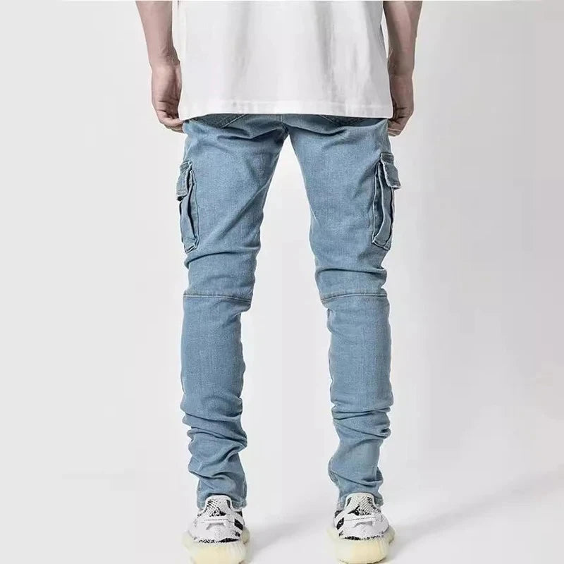 Männer Straße elastische Jeans Jeans waschen einfarbige Multi-Taschen Cargo hose lässig Slim Fit täglich tragen Jogger mittlere Taille Hose