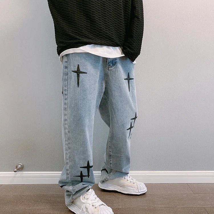 Drucke Jeans Männer 2023 Neue Streetwear Baggy Breite Bein Jeans Koreanische Mode Vorhänge Gerade Beiläufige Lose Denim Cargo Hosen