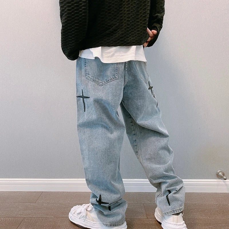 Drucke Jeans Männer 2023 Neue Streetwear Baggy Breite Bein Jeans Koreanische Mode Vorhänge Gerade Beiläufige Lose Denim Cargo Hosen