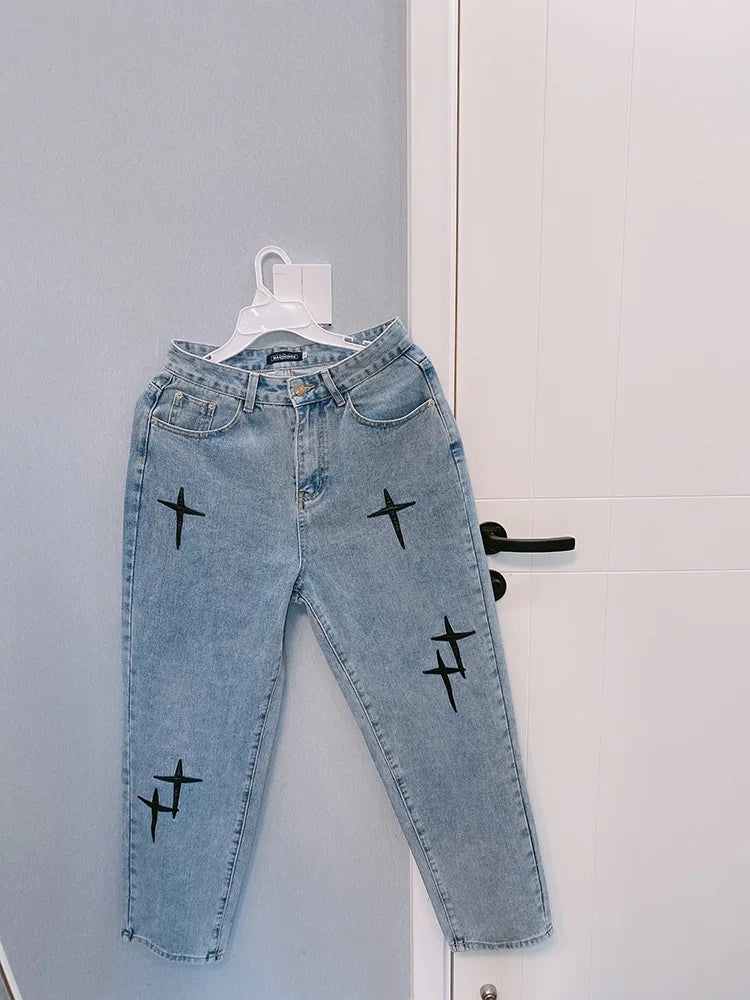 Drucke Jeans Männer 2023 Neue Streetwear Baggy Breite Bein Jeans Koreanische Mode Vorhänge Gerade Beiläufige Lose Denim Cargo Hosen