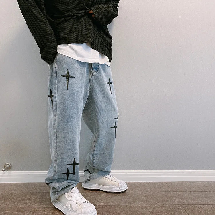 Drucke Jeans Männer 2023 Neue Streetwear Baggy Breite Bein Jeans Koreanische Mode Vorhänge Gerade Beiläufige Lose Denim Cargo Hosen