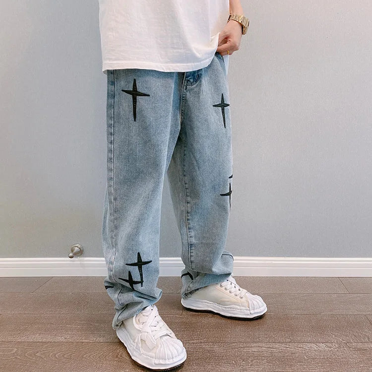 Drucke Jeans Männer 2023 Neue Streetwear Baggy Breite Bein Jeans Koreanische Mode Vorhänge Gerade Beiläufige Lose Denim Cargo Hosen