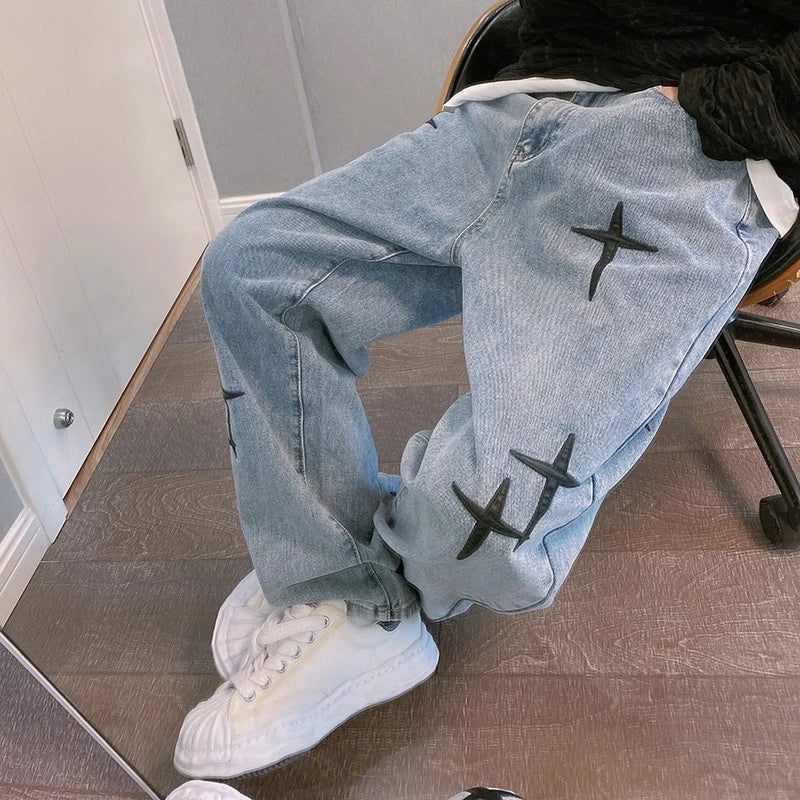 Drucke Jeans Männer 2023 Neue Streetwear Baggy Breite Bein Jeans Koreanische Mode Vorhänge Gerade Beiläufige Lose Denim Cargo Hosen