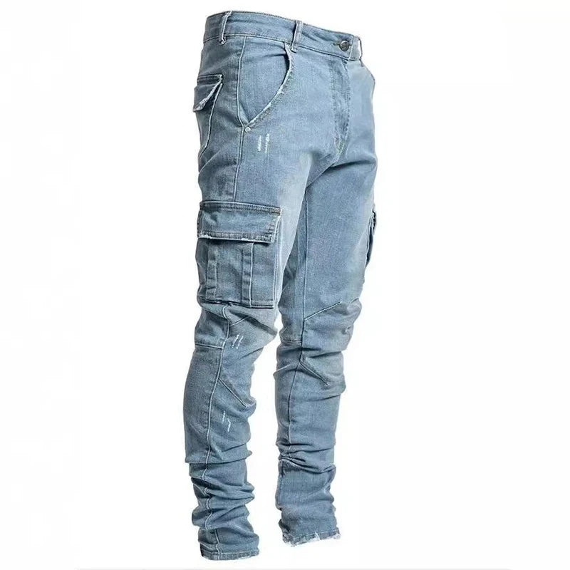Männer Straße elastische Jeans Jeans waschen einfarbige Multi-Taschen Cargo hose lässig Slim Fit täglich tragen Jogger mittlere Taille Hose