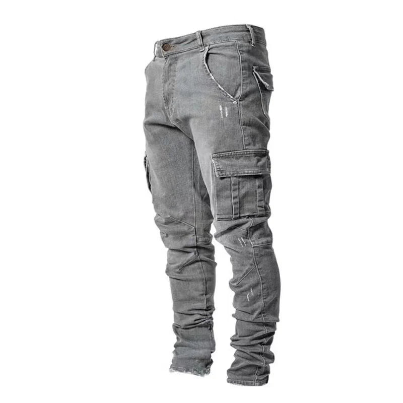 Männer Straße elastische Jeans Jeans waschen einfarbige Multi-Taschen Cargo hose lässig Slim Fit täglich tragen Jogger mittlere Taille Hose
