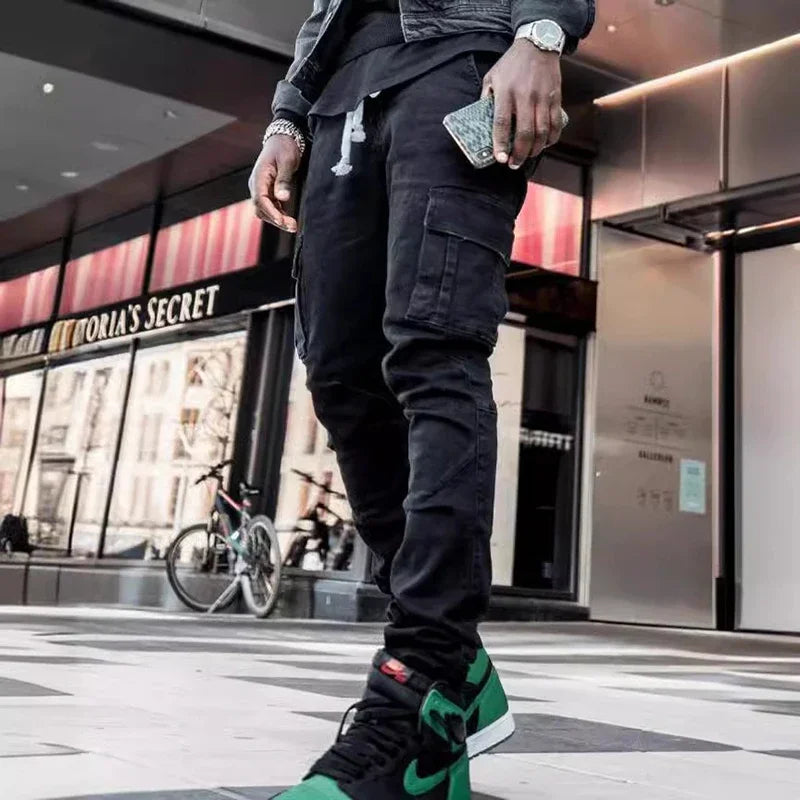 Männer Straße elastische Jeans Jeans waschen einfarbige Multi-Taschen Cargo hose lässig Slim Fit täglich tragen Jogger mittlere Taille Hose