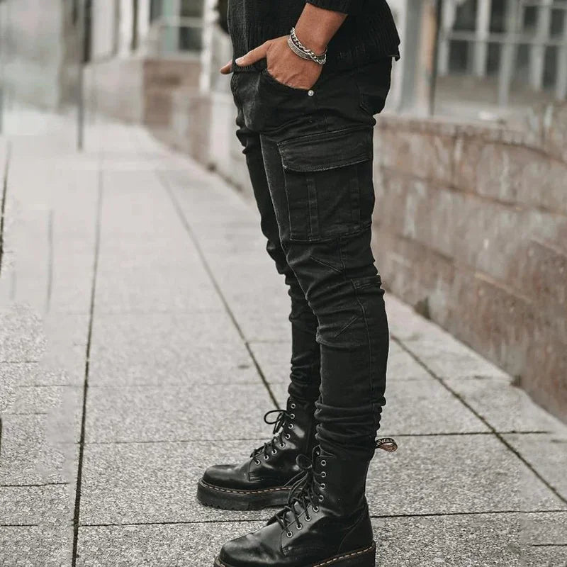 Männer Straße elastische Jeans Jeans waschen einfarbige Multi-Taschen Cargo hose lässig Slim Fit täglich tragen Jogger mittlere Taille Hose