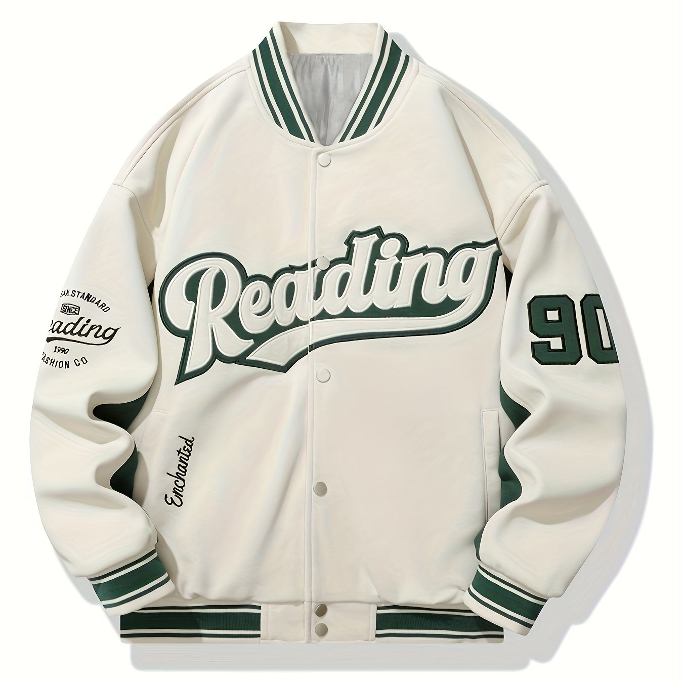 Men's Casual Varsity Jacket - "REARING" Embroidered, Color Block, Polyester, Button-Up with Pockets, Street Style Baseball Coat, Machine Washable