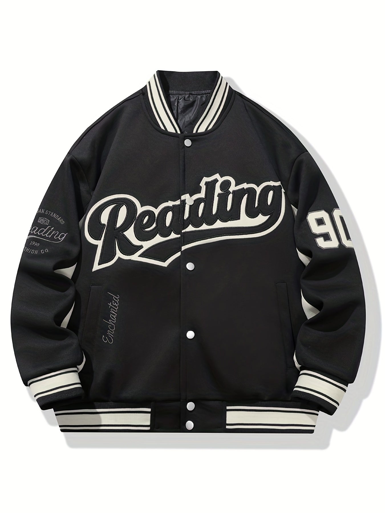 Men's Casual Varsity Jacket - "REARING" Embroidered, Color Block, Polyester, Button-Up with Pockets, Street Style Baseball Coat, Machine Washable