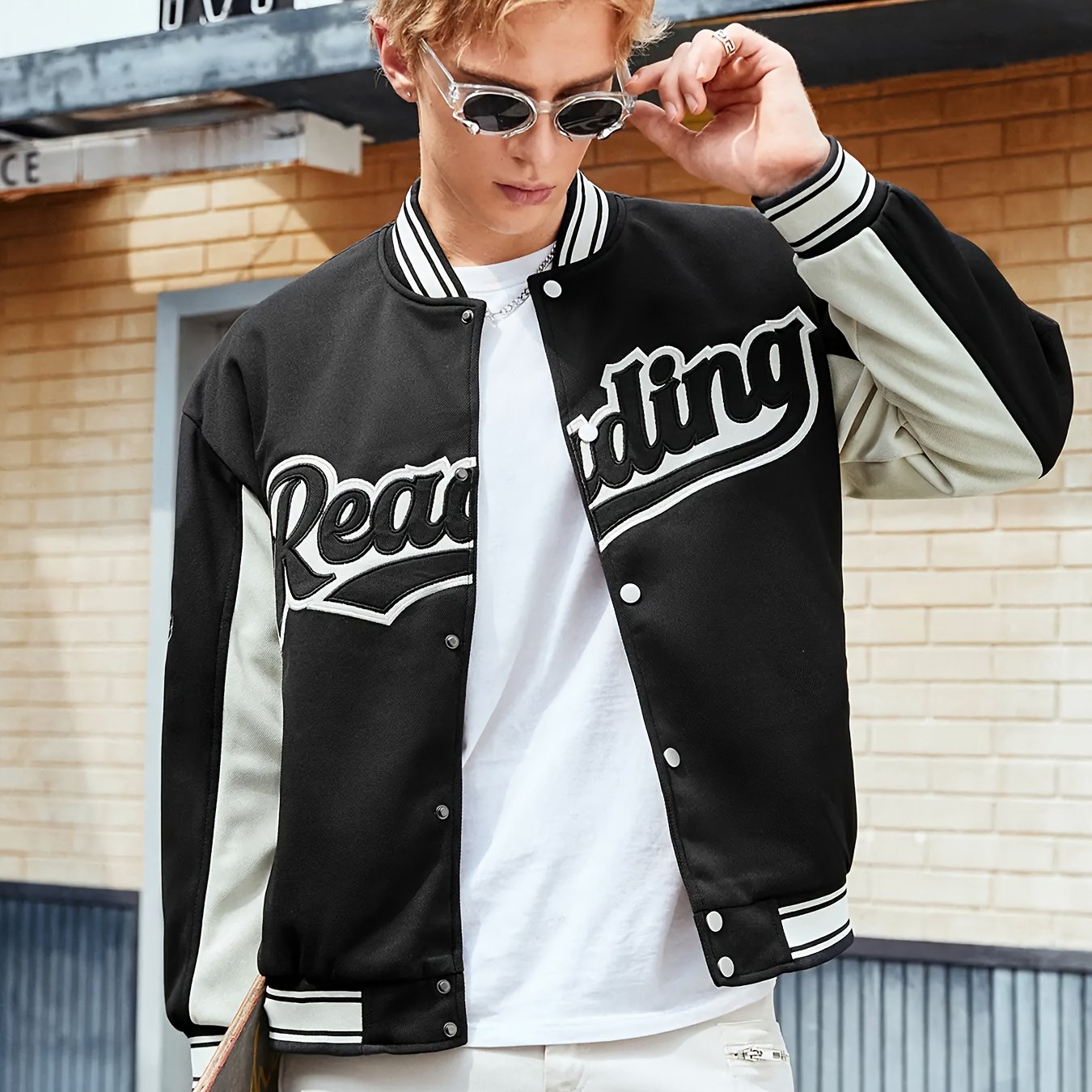 Men's Casual Varsity Jacket - "REARING" Embroidered, Color Block, Polyester, Button-Up with Pockets, Street Style Baseball Coat, Machine Washable