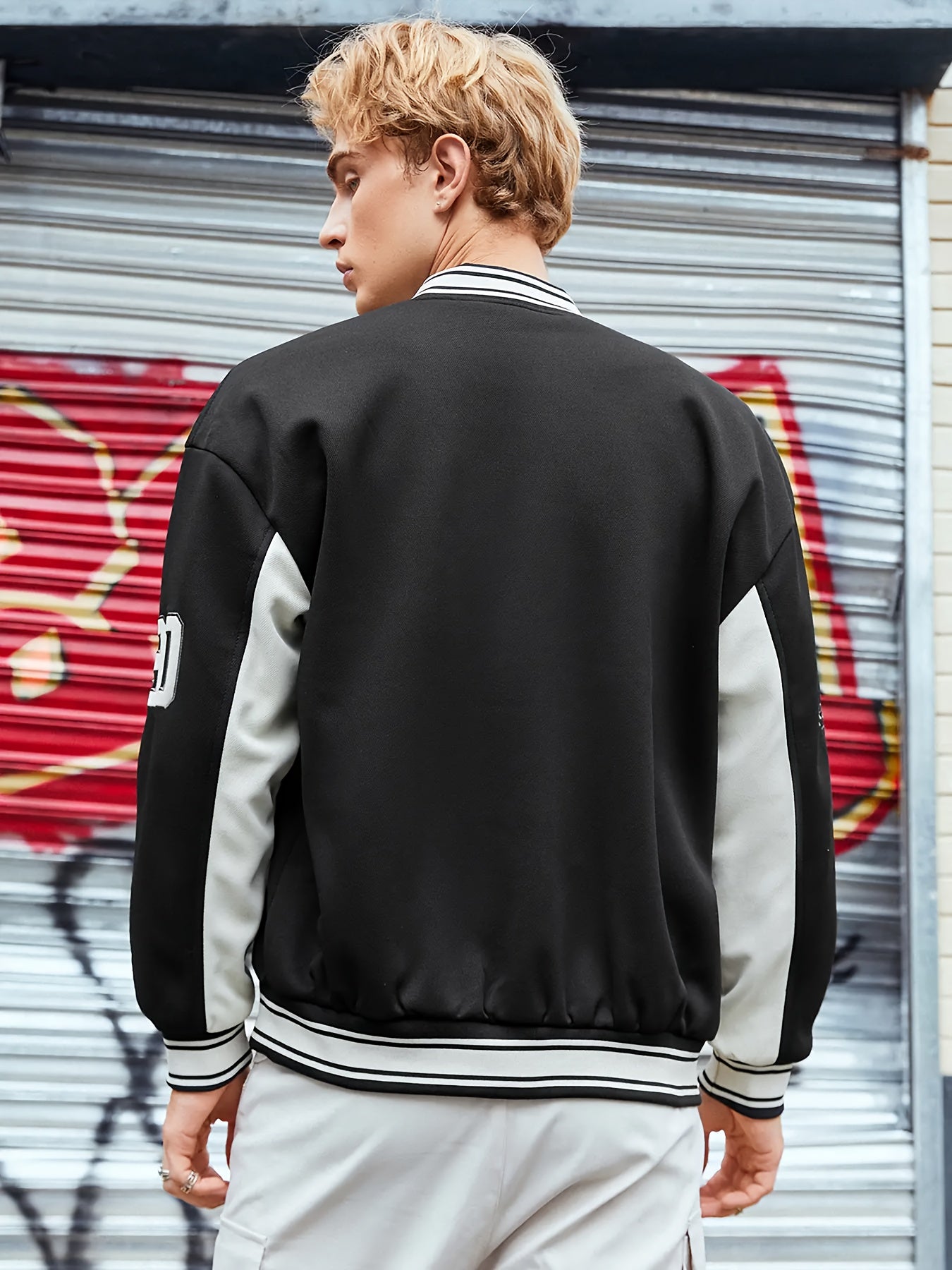 Men's Casual Varsity Jacket - "REARING" Embroidered, Color Block, Polyester, Button-Up with Pockets, Street Style Baseball Coat, Machine Washable