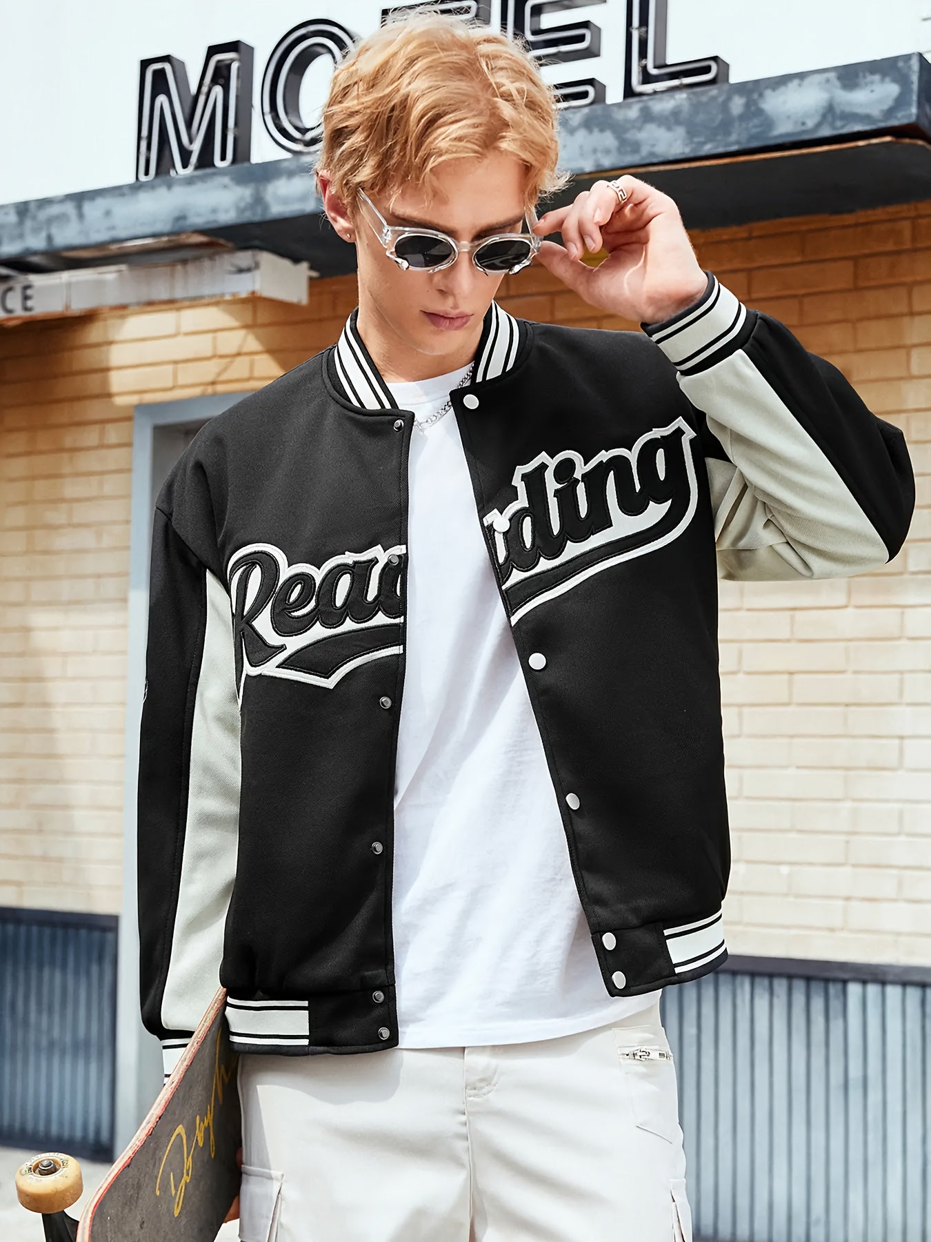 Men's Casual Varsity Jacket - "REARING" Embroidered, Color Block, Polyester, Button-Up with Pockets, Street Style Baseball Coat, Machine Washable