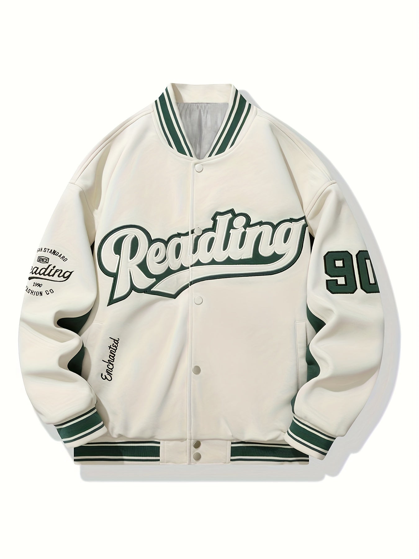 Men's Casual Varsity Jacket - "REARING" Embroidered, Color Block, Polyester, Button-Up with Pockets, Street Style Baseball Coat, Machine Washable