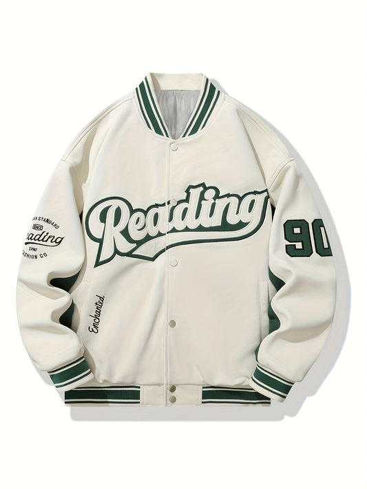 Men's Casual Varsity Jacket - "REARING" Embroidered, Color Block, Polyester, Button-Up with Pockets, Street Style Baseball Coat, Machine Washable