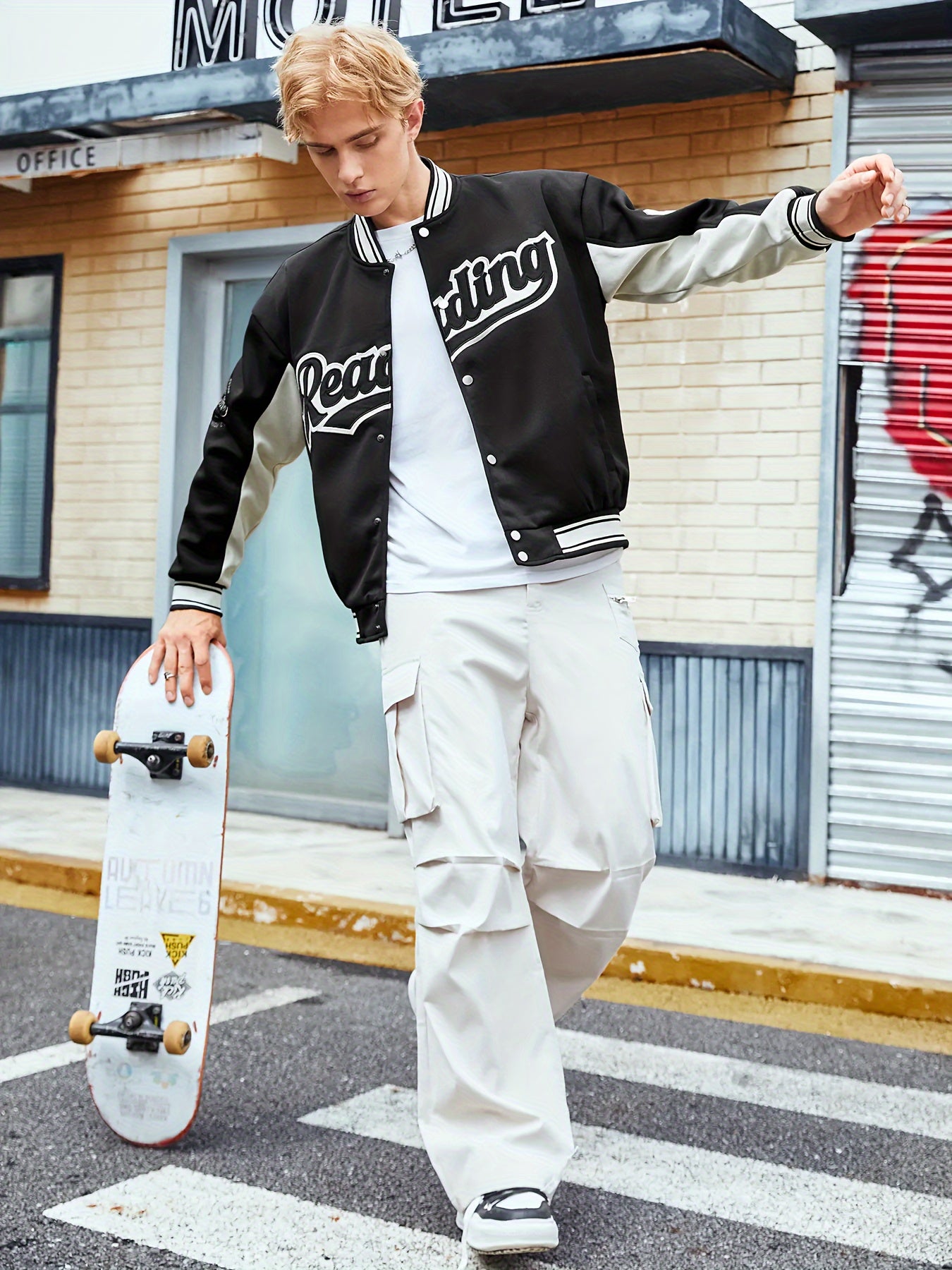 Men's Casual Varsity Jacket - "REARING" Embroidered, Color Block, Polyester, Button-Up with Pockets, Street Style Baseball Coat, Machine Washable